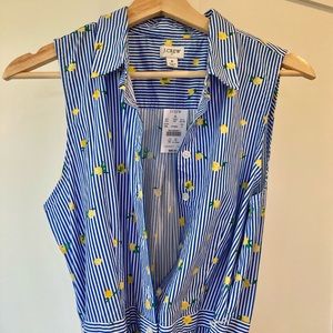 J. Crew midi A line sleeveless belted shirt dress. Lemon stripe pattern.